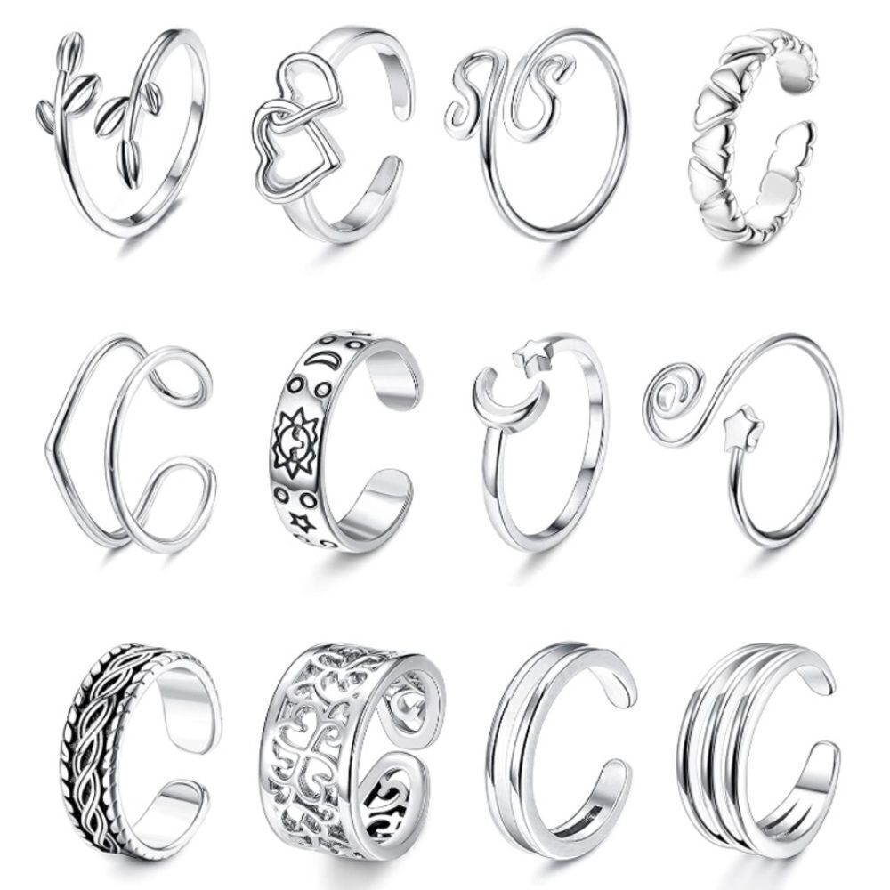 14K White Gold Adjustable Boho Open Toe Rings - Set of 12
